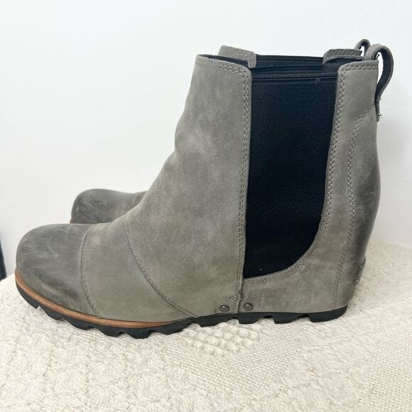 Sorel Lea leather wedge ankle boot booties gray factory distressed round toe - Picture 4 of 9